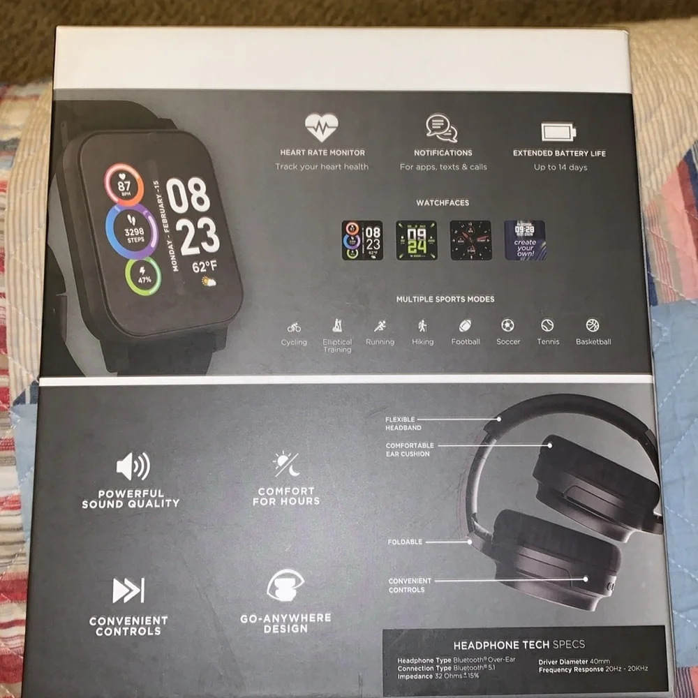 itech fusion2 smartwatch and wireless headphones